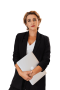 Photo of a  woman standing with her arms folded holding a closed laptop